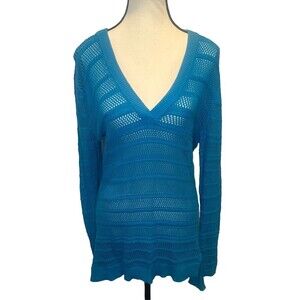Women’s Michael Kors BLUE Coastal Lightweight Knit V Neck Tunic Sweater Sz M